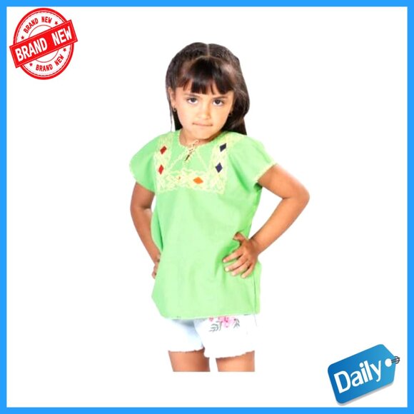 Girls Embroidered Cotton Blouse Short Sleeve Traditional Mexican Handcrafted